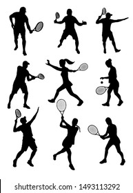 Set Silhouette Of Tennis Players Girl And Guy Playing Tennis Black Shadow