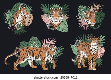 Conjunto de ilustraciones de tigre de silueta con hojas de palma. Colección de símbolos 2022. Símbolos zodiacos chinos de estilo moderno y colores de moda. Tigres vectoriales para tarjetas de felicitación y afiche feliz de año nuevo