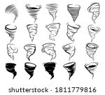 Set of silhouette tornado. Сollection of destructive natural vortex. Stylized hurricane. Natural disaster logo. Vector illustration of a weather cataclysm.