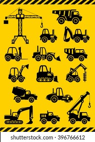 Set of silhouette toys heavy construction and mining machines in a flat style. Different kind of toys heavy equipment and machinery isolated on yellow background. Vector illustration.