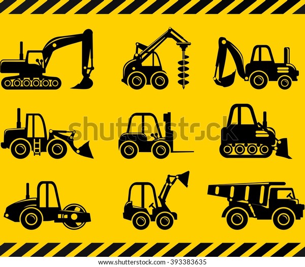 Set\
of silhouette toys heavy construction and mining machines in a flat\
style. Different kind of toys heavy equipment and machinery\
isolated on yellow background. Vector\
illustration.