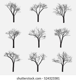 Set of Silhouette of tree with bare branches, vector illustration.