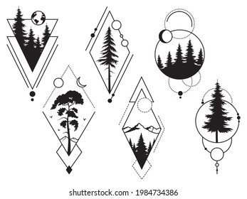 Set of silhouette tree. Collection of geometric silhouette of pine and fir tree. Wild nature. Camping logo. Woodland. Set of forest frame. Vector illustration of mystic woods on a white background.