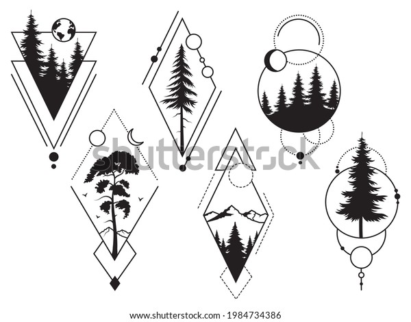 Set of silhouette tree. Collection of\
geometric silhouette of pine and fir tree. Wild nature. Camping\
logo. Woodland. Set of forest frame. Vector illustration of mystic\
woods on a white\
background.