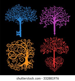 Set silhouette of trees with different values varicolored on a black background