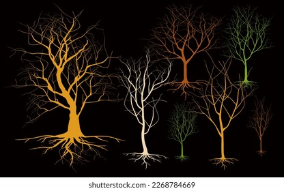 Set of silhouette trees on black background, Hand drawn Trees and branches isolated vector