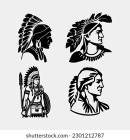 set of silhouette of a tribal indian