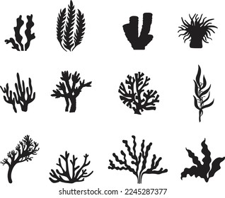 Set of Silhouette Underwater Corals and Seaweed Vector Design Illustration