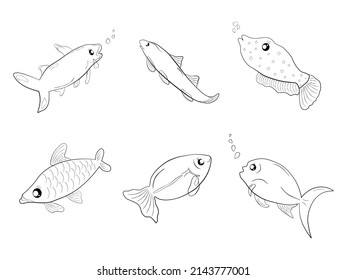 Set of  silhouette underwater doodle outline fish icon cartoon abstract background art graphic design vector illustration