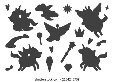 Set of silhouette unicorns. Collection of black and white unicorns. Vector illustration of mythical animals. Figure magic horse. EPS