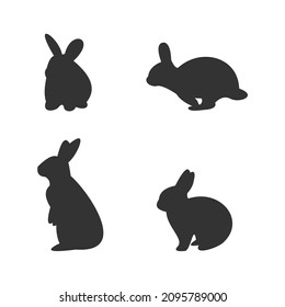 set of silhouette vector bunny icons, rabbit isolated black on white background