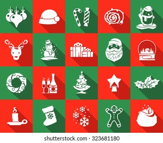 Set of silhouette vector icons with long shadows on the theme of Christmas and New year. Christmas decorations, Christmas tree, sweets, Santa, snowman, wreath, snow, holiday, Christmas eve. 