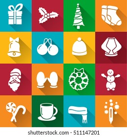 Set of silhouette vector icons with long shadows on the theme of Christmas and New year.