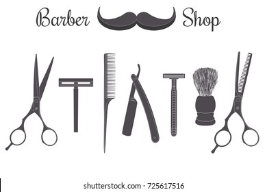 Set of silhouette vector illustration of vintage barber shop elements. Monochrome linear style. Set of silhouette beauty hair salon or barbershop accessories. Vector illustration on white background