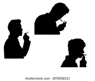 Set of silhouette vector illustrations of a smoking man isolated on a white background.