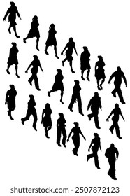 Set with silhouette of walking people isolated on white background. Men and women walking. Isometric view. Vector illustration.