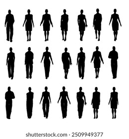 Set with silhouette of walking people isolated on white background. Men and women walking. Vector illustration.