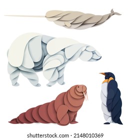 Set silhouette walrus, penguin, bear, narwhal isolated on white background. Abstract wild animal character. Creative 3d concept in cartoon paper cut style. Collection geometric vector illustration.