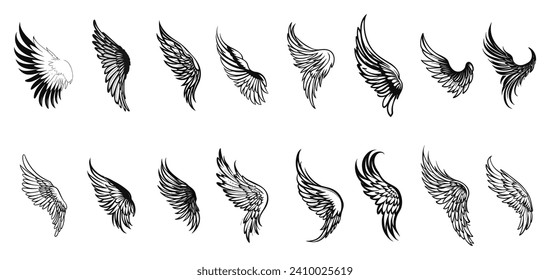 set of silhouette of wings. outline of angel wing art line tattoo.