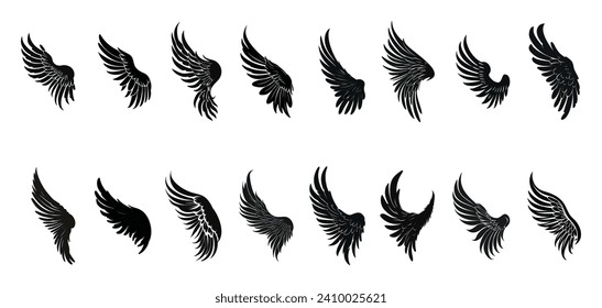 set of silhouette of wings. outline of angel wing art line tattoo.