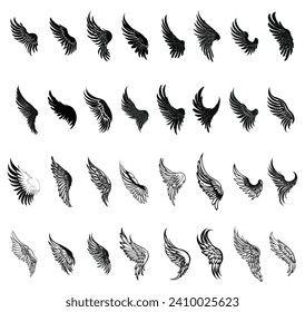 set of silhouette of wings. outline of angel wing art line tattoo.