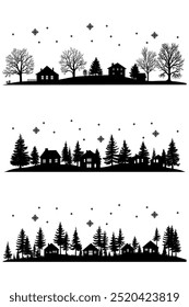 Set of silhouette of winter landscape with falling snowflakes. christmas eve background rural scape.