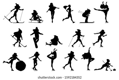 Set of silhouette winter sport and recreation illustration. Girls doing ice skating, skiing, snowboarding, girl on sledge, Hockey, curling, skier, simple skater, outdoor snow games, cartoon characters