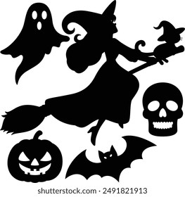 Set of silhouette witch, black cat, pumpkin lantern, bat, ghost. Icon Happy Halloween clipart 