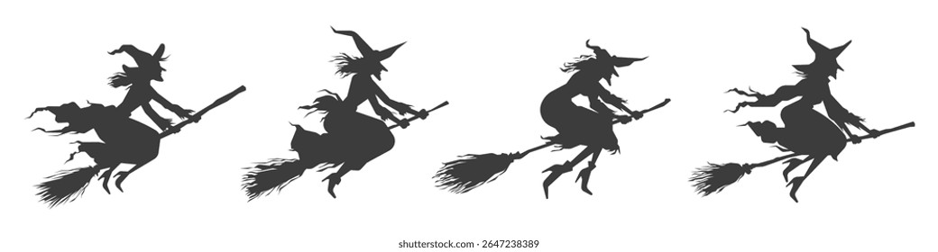 Conjunto de silhueta de bruxa voando em vassoura spooky mágico Halloween isolado no fundo transparente