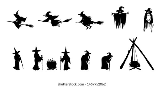 Set of silhouette witch on white background. Halloween concept.