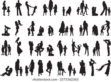 set silhouette woman and child, mother and children, collection on white background vector