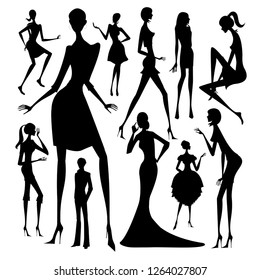 Set of silhouette of the woman in different dress isolated on white background