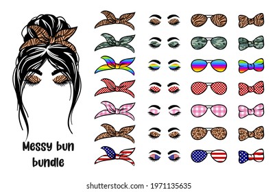 Set Silhouette woman face with messy bun, bandana and aviator glasses. Mom life cutfile. Messy Bun Mom Lifestyle. vector illustration - Shutterstock ID 1971135635