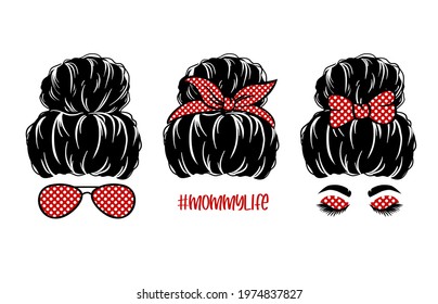 Set Silhouette woman face with messy bun, bandana and aviator glasses. Mom life cutfile. Messy Bun Mom Lifestyle. vector illustration