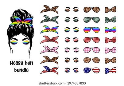 Set Silhouette woman face with messy bun, bandana and aviator glasses. Mom life cutfile. Messy Bun Mom Lifestyle. vector illustration