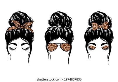 Set Silhouette woman face with messy bun, bandana and aviator glasses. Mom life cutfile. Messy Bun Mom Lifestyle. vector illustration
