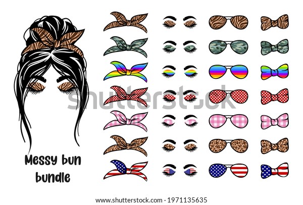 Set Silhouette woman face with messy bun,\
bandana and aviator glasses. Mom life cutfile. Messy Bun Mom\
Lifestyle. vector\
illustration