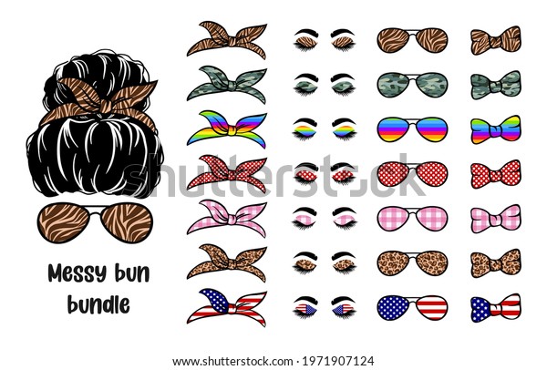 Set Silhouette woman face with messy bun,
bandana and aviator glasses. Mom life cutfile. Messy Bun Mom
Lifestyle. vector
illustration