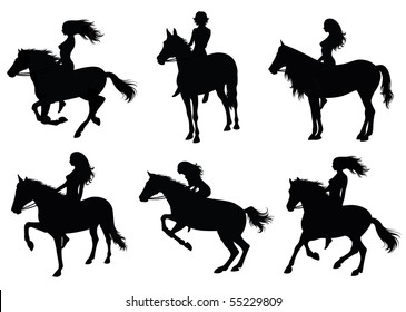 Set Of A Silhouette Of A Woman Riding A Horse