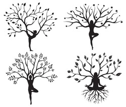 Set Of Silhouette Woman In A Tree Pose. Сollection Of Meditating People In Various Poses With The Tree Of Life. Healthy Lifestyle Theme. Yoga Logo Design.Vector Illustration Of A Wellness Center.