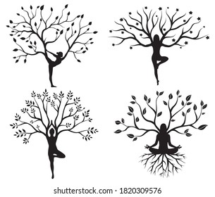 Set of silhouette woman in a tree pose. Сollection of meditating people in various poses with the tree of life. Healthy lifestyle theme. Yoga logo design.Vector illustration of a wellness center.