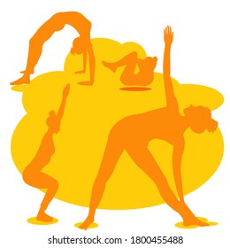 Set silhouette of woman yoga pose (Meditation,Cobra, Wheel, Chair ). Girl do yoga exercise. Health lifestyle with yellow background. Vector illustration flat Isolate. Logo design for Yoga day