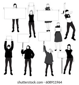 Set of silhouette of women protesting for human rights.  Black profile of slim woman body isolated on white background.