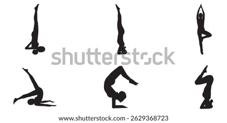 Set of Silhouette Yoga Poses Flexible Poses for Fitness, Health, and Wellness Design. Silhouettes of woman doing yoga exercises. Icons of flexible girl stretching and relaxing eps 10