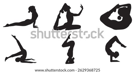 Set of Silhouette Yoga Poses Flexible Poses for Fitness, Health, and Wellness Design. Silhouettes of woman doing yoga exercises. Icons of flexible girl stretching and relaxing eps 10
