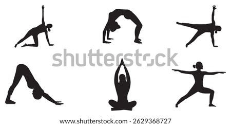 Set of Silhouette Yoga Poses Flexible Poses for Fitness, Health, and Wellness Design. Silhouettes of woman doing yoga exercises. Icons of flexible girl stretching and relaxing eps 10