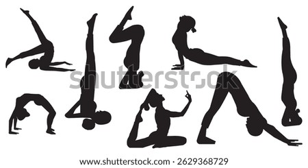 Set of Silhouette Yoga Poses Flexible Poses for Fitness, Health, and Wellness Design. Silhouettes of woman doing yoga exercises. Icons of flexible girl stretching and relaxing eps 10