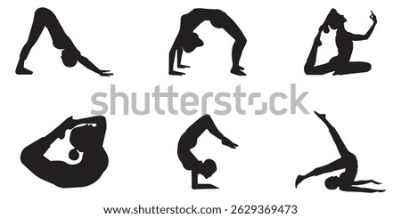Set of Silhouette Yoga Poses Flexible Poses for Fitness, Health, and Wellness Design. Silhouettes of woman doing yoga exercises. Icons of flexible girl stretching and relaxing eps 10