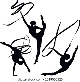 Set silhouette Young girl rhythmic gymnastics with ribbon vector illustration. Championship workout rhythmic gymnastics  beautiful character.Women Acrobatic Gymnastics, 