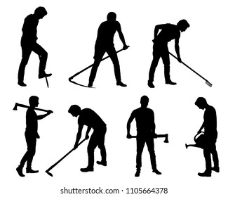 Set silhouette of young man - gardener or farmer with tools in different poses - vector